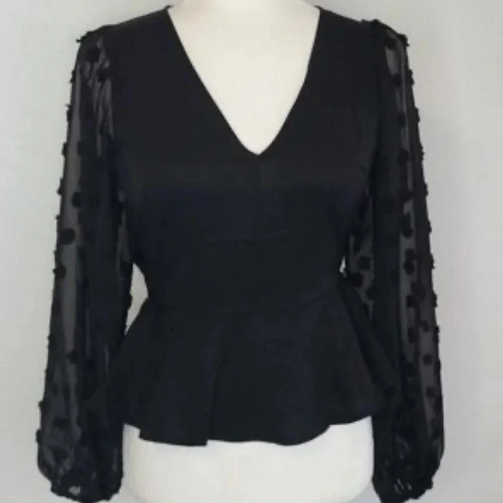 Peplum V-Neck Long Balloon Sleeve Swiss Dot Black Blouse - Picture 1 of 13